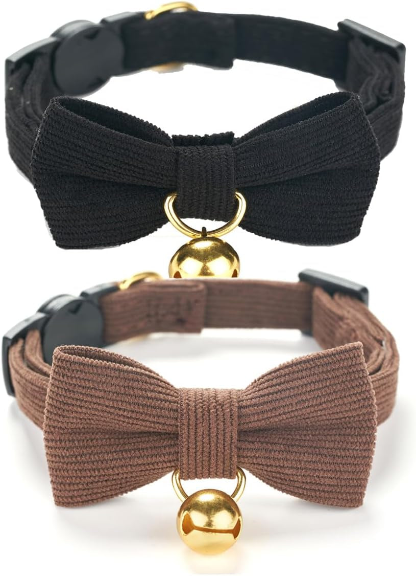 2 Pack Soft Corduroy Cat Collars with Bow Tie & Bell, Adjustable Breakaway Cotton Kitty Bowtie Collar for Girl Boy Kitten (Orange & Green)