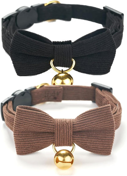 2 Pack Soft Corduroy Cat Collars with Bow Tie & Bell, Adjustable Breakaway Cotton Kitty Bowtie Collar for Girl Boy Kitten (Orange & Green)