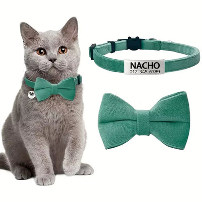 Customizable Polyester Cat Bow Tie Collar Soft Adjustable Engraved ID Name Tag Detachable Bow Bell