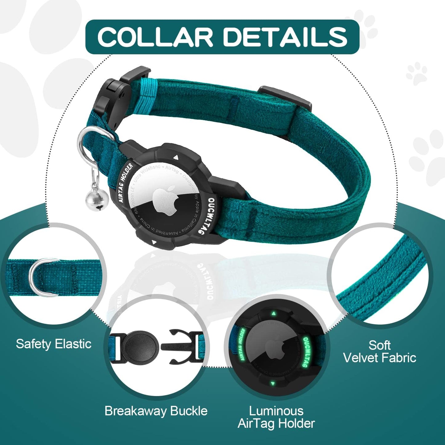 Luminous Airtag Cat Collar Breakaway,  GPS Cat Collar with Apple Air Tag Holder, Cat Tracker Collars with Safety Elastic Band for Girl Boy Cats, Kittens and Puppies (Blue, 9-13 Inch)