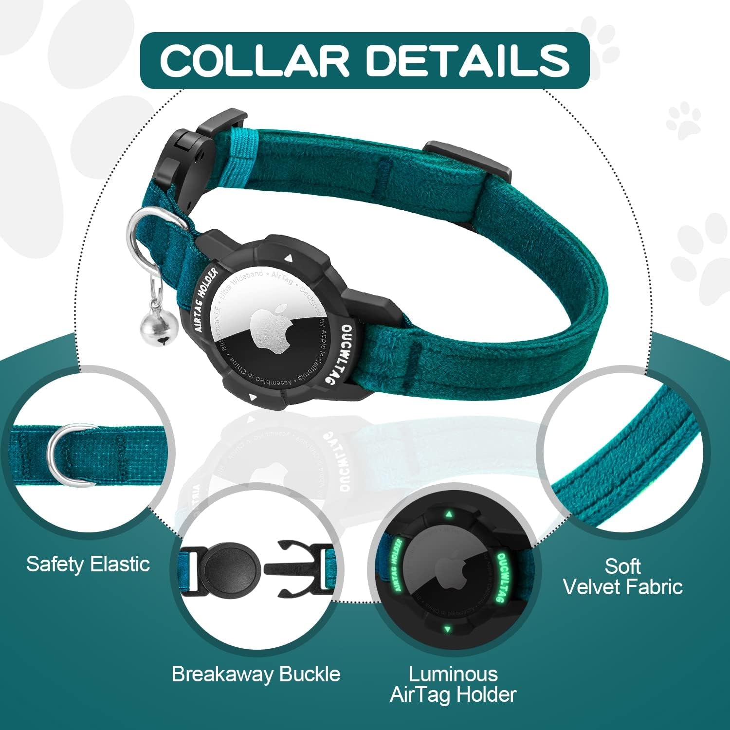 Luminous Airtag Cat Collar Breakaway,  GPS Cat Collar with Apple Air Tag Holder, Cat Tracker Collars with Safety Elastic Band for Girl Boy Cats, Kittens and Puppies (Blue, 9-13 Inch)