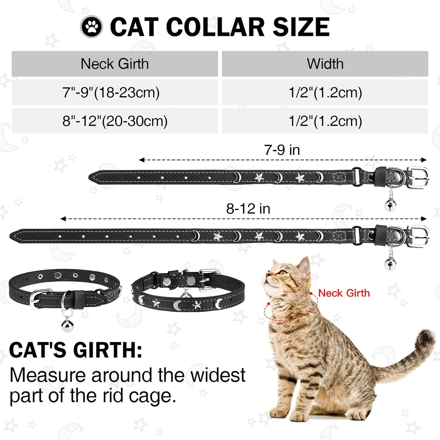 Leather Cat Collars for Boy Girl Cats with Bell and Safety Elastic Belt, Personalized Star and Moon Stud Adjustable Safe Buckle Collar for Kitty Small Big Cats Size 7-9 Inch, Black