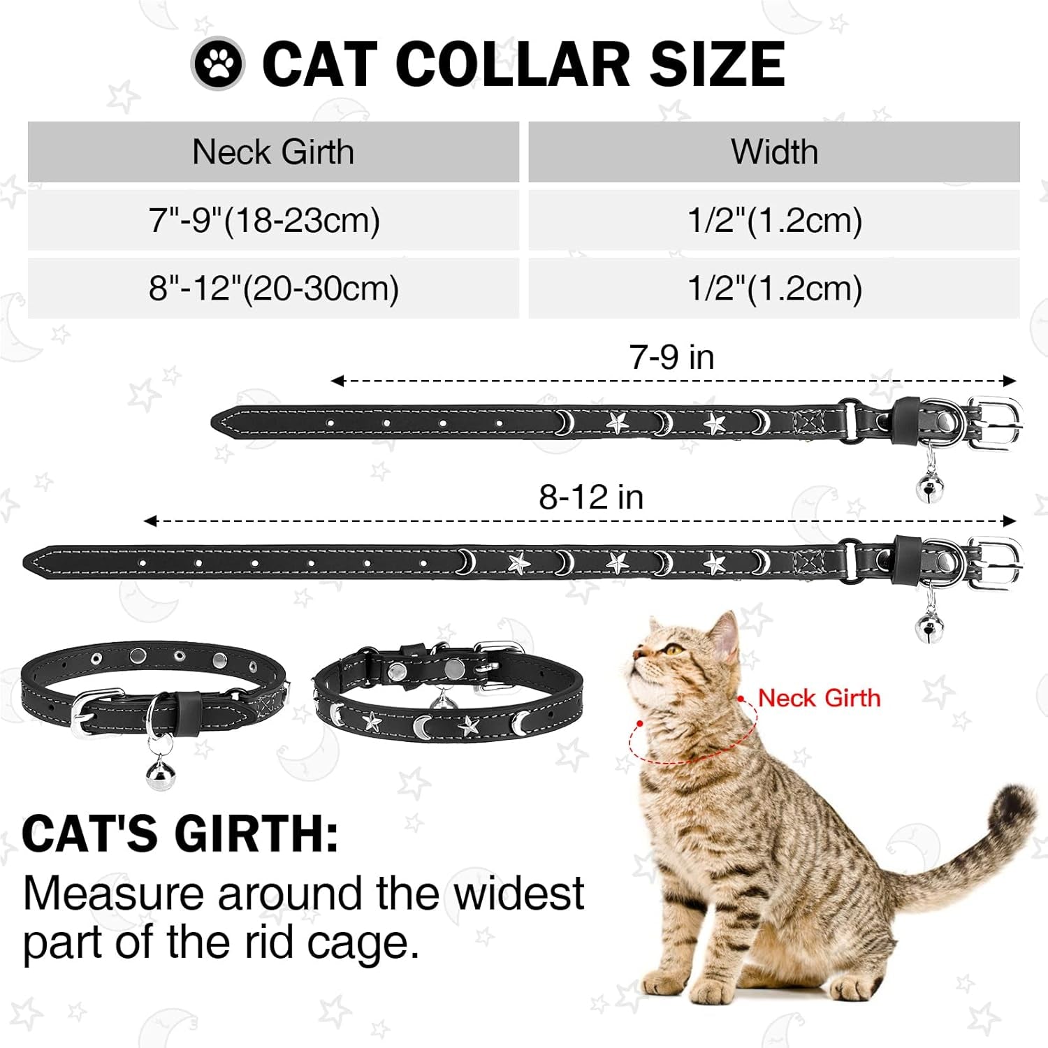 Leather Cat Collars for Boy Girl Cats with Bell and Safety Elastic Belt, Personalized Star and Moon Stud Adjustable Safe Buckle Collar for Kitty Small Big Cats Size 7-9 Inch, Black