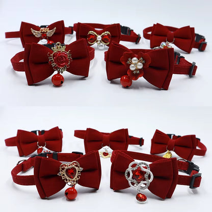 Red Bow Adjustable Cat Collar, Flower Heart Pendant Pet Collar, Gorgeous Retro Cat Collar,Christmas Wedding Pet Accessories