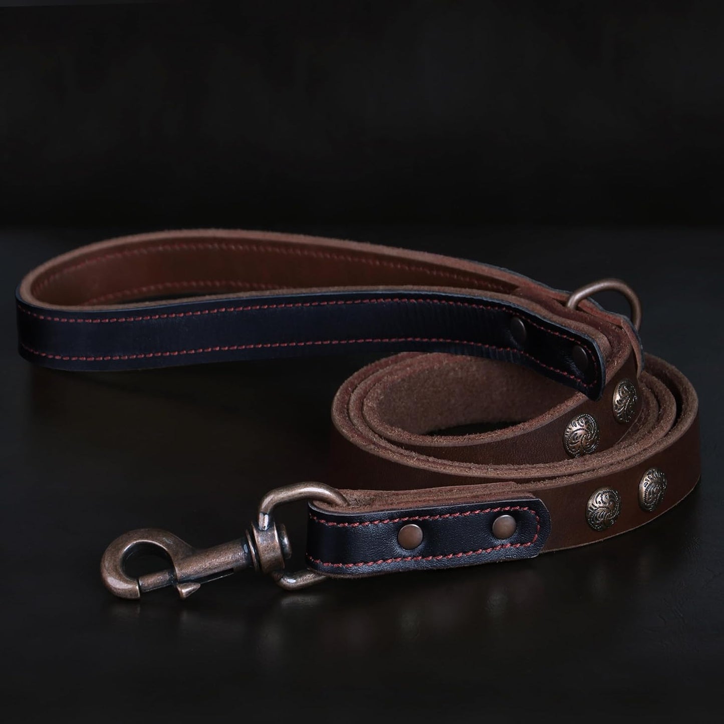 Leather Dog Leash 5Ft X 3/4 Inch, Luxurious Genuine Leather Dog Training Leashes with Soft Padded Handle & Bronze Rivets, Stylish & Durable Pet Lead for Medium Large Dogs Walking,Black