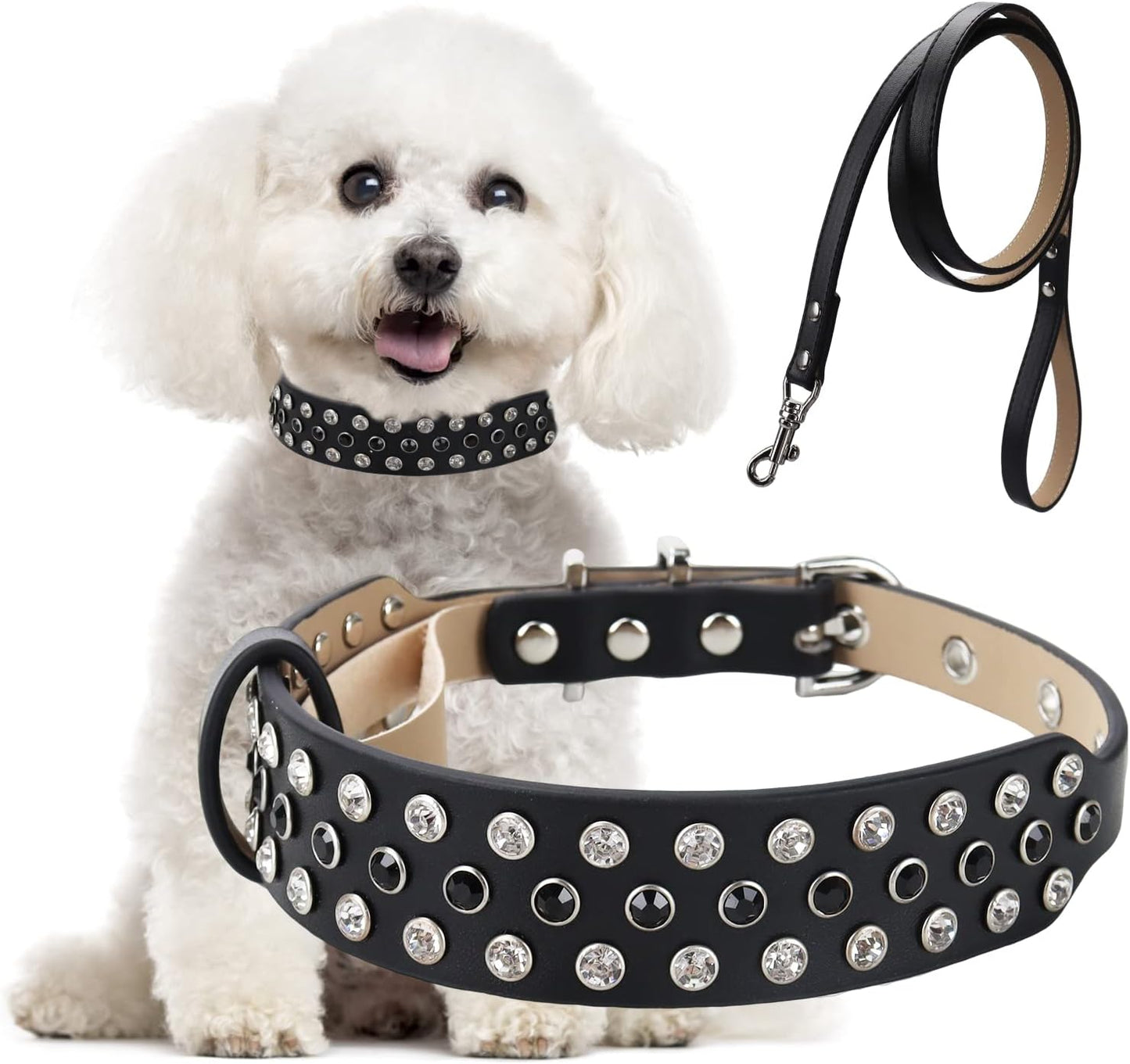 Rhinestone Dog Collar, Bling Diamond Pet Collars with Leash Adjustable, Dazzling Sparkly Crystal Studded Microfiber Leather Spiked Puppy Collar Cute for Small and Medium Large Girl Dogs Cats