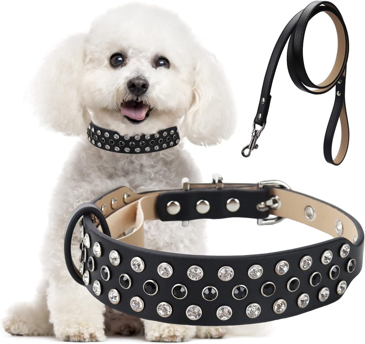 Rhinestone Dog Collar, Bling Diamond Pet Collars with Leash Adjustable, Dazzling Sparkly Crystal Studded Microfiber Leather Spiked Puppy Collar Cute for Small and Medium Large Girl Dogs Cats