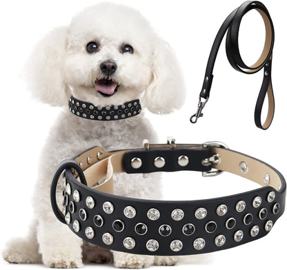 Rhinestone Dog Collar, Bling Diamond Pet Collars with Leash Adjustable, Dazzling Sparkly Crystal Studded Microfiber Leather Spiked Puppy Collar Cute for Small and Medium Large Girl Dogs Cats