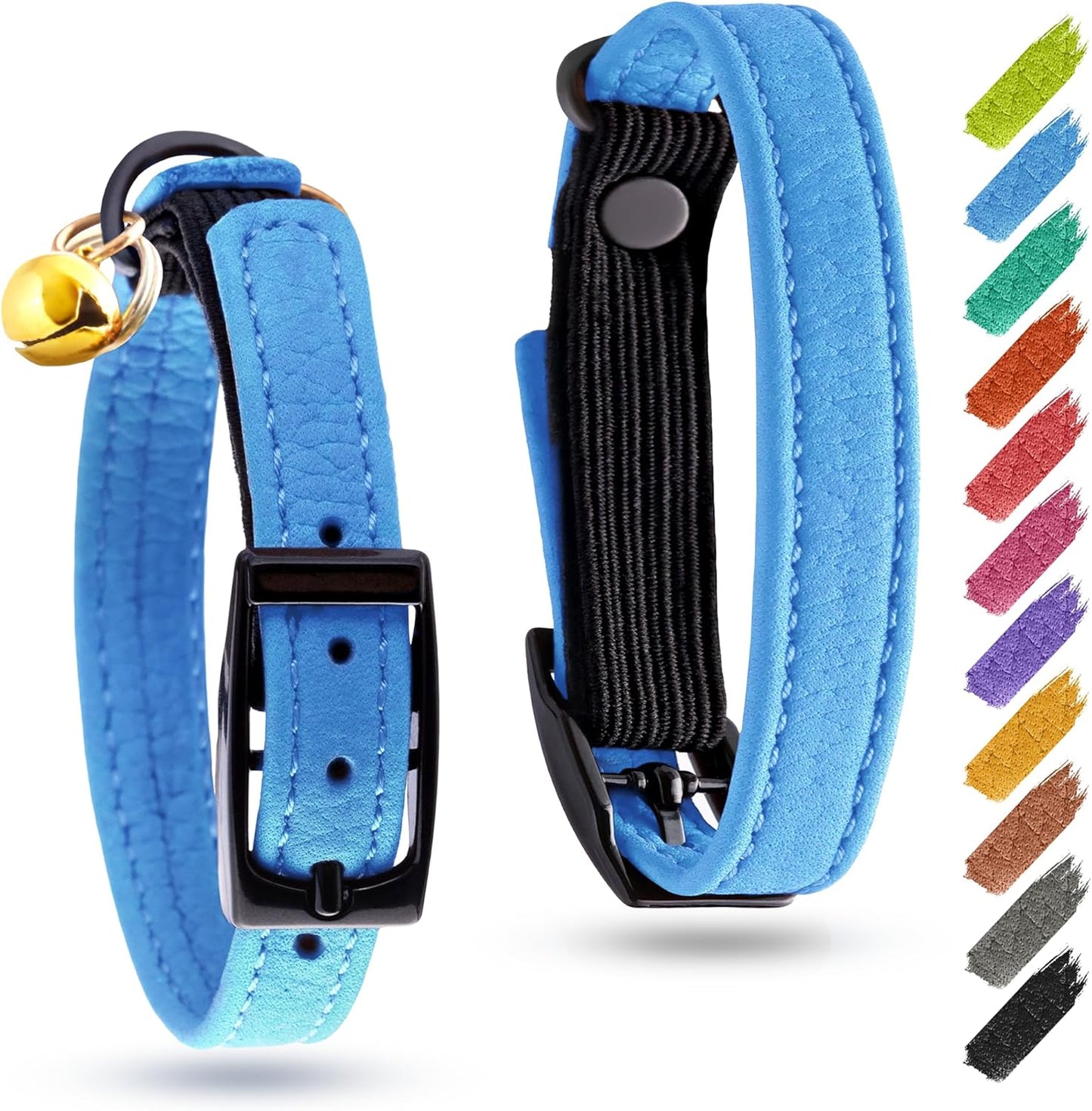 Leather Cat Collar with Bell and Safety Elastic Strap Breakaway Alternative for Small & Large Kittens, Stylish Pet Leather Collar for Boy, Girl Cats with Metal Buckle & QR ID Tag (Green)