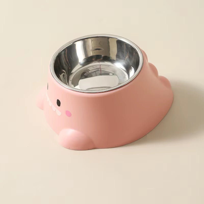 Cartoon Dinosaur 15° Tilted Pet Bowl: Elevated Stainless Steel Dish with Neck Support - Fun & Cute Feeder for Cats & Puppy