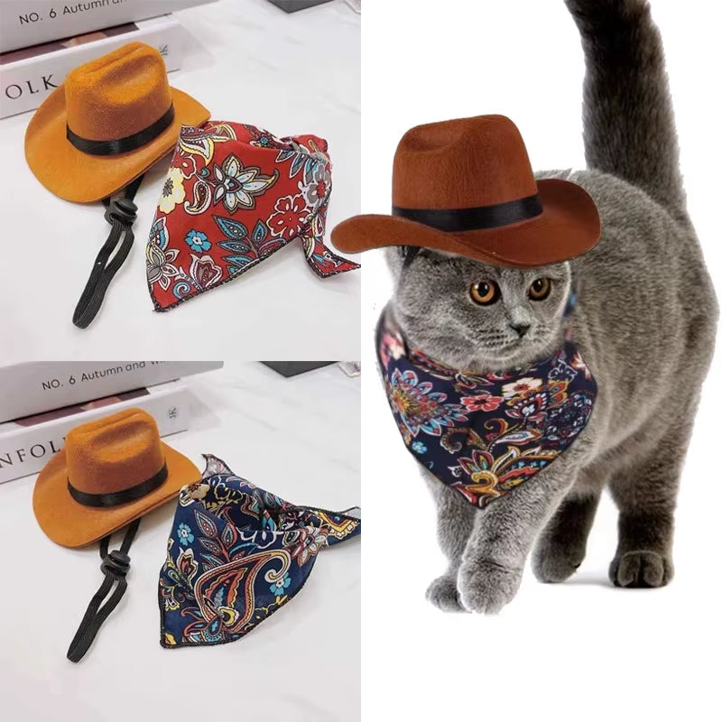Pet Hat Set Western Cowboy Suitable for Cats and Dogs Fashionable Pet Accessory Cat Triangle Scarf