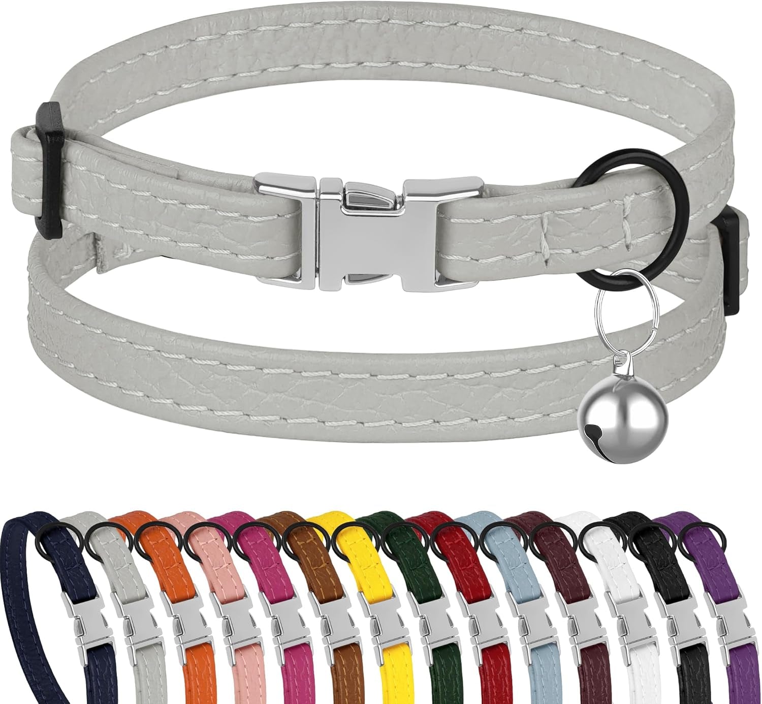 Leather Cat Collar with Buckle and Removable Bell - Non Breakaway Adjustable Soft Safety Small Pet Collars for Girl Boy Cats Kitten (Black)