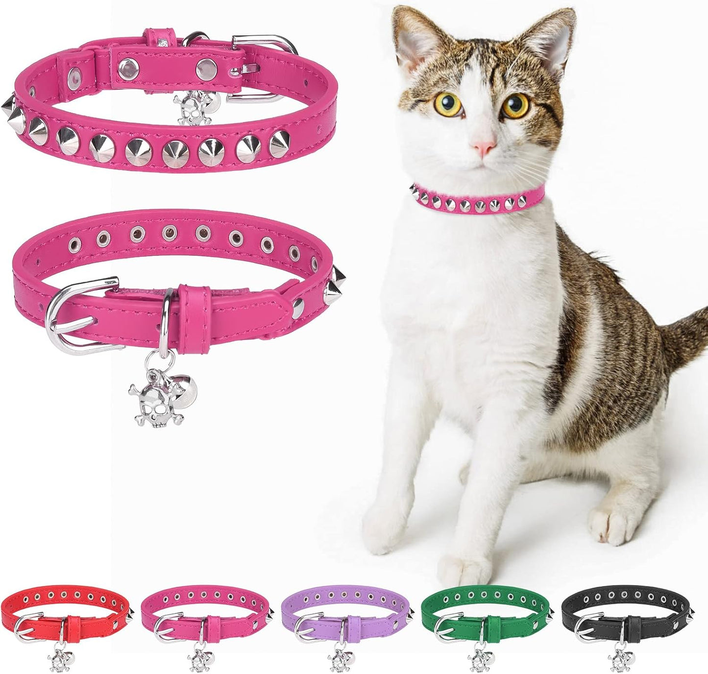 Leather Cat Collars for Boy Girl Cats with Bell and Safety Elastic Belt, Personalized Star and Moon Stud Adjustable Safe Buckle Collar for Kitty Small Big Cats Size 7-9 Inch, Black