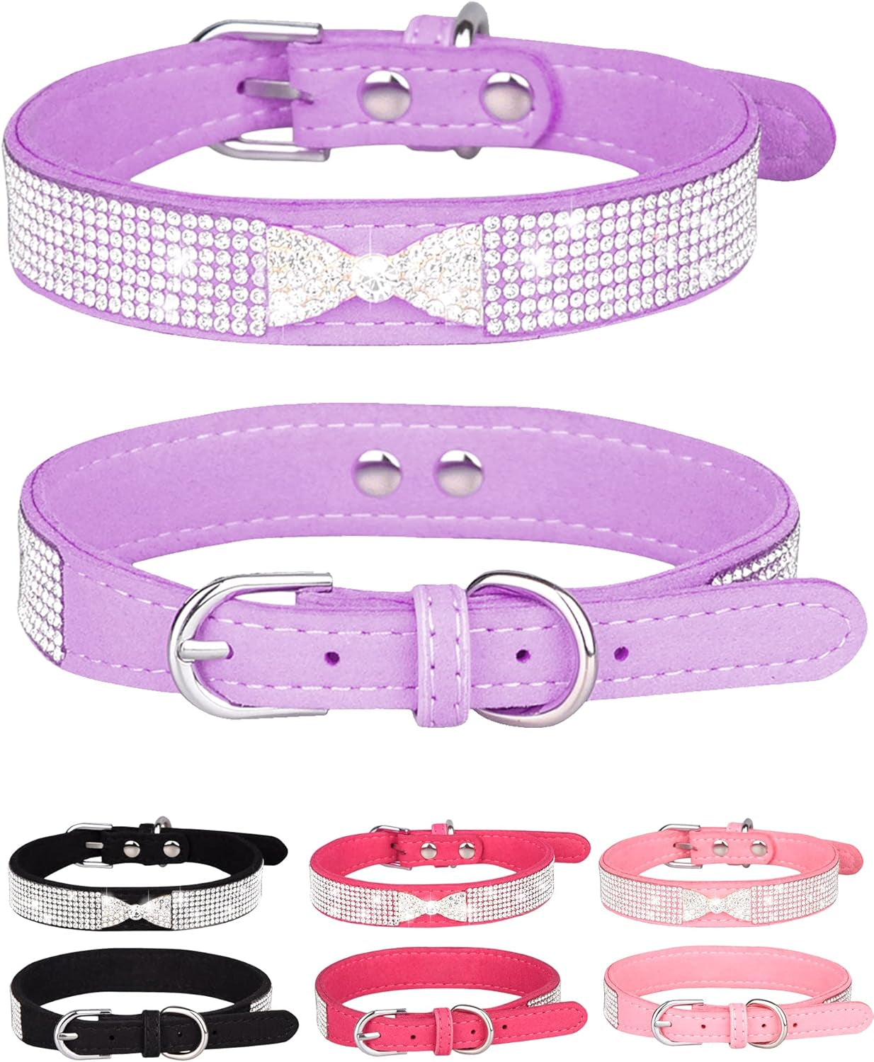 Dog Collar for Small Dogs, Adjustable Leather Suede Bling Dog Collars，Pink Dog Collar Cat Collar, Rhinestone Dog Collar(S, Pink)