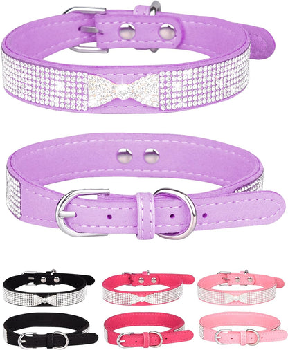 Dog Collar for Small Dogs, Adjustable Leather Suede Bling Dog Collars，Pink Dog Collar Cat Collar, Rhinestone Dog Collar(S, Pink)