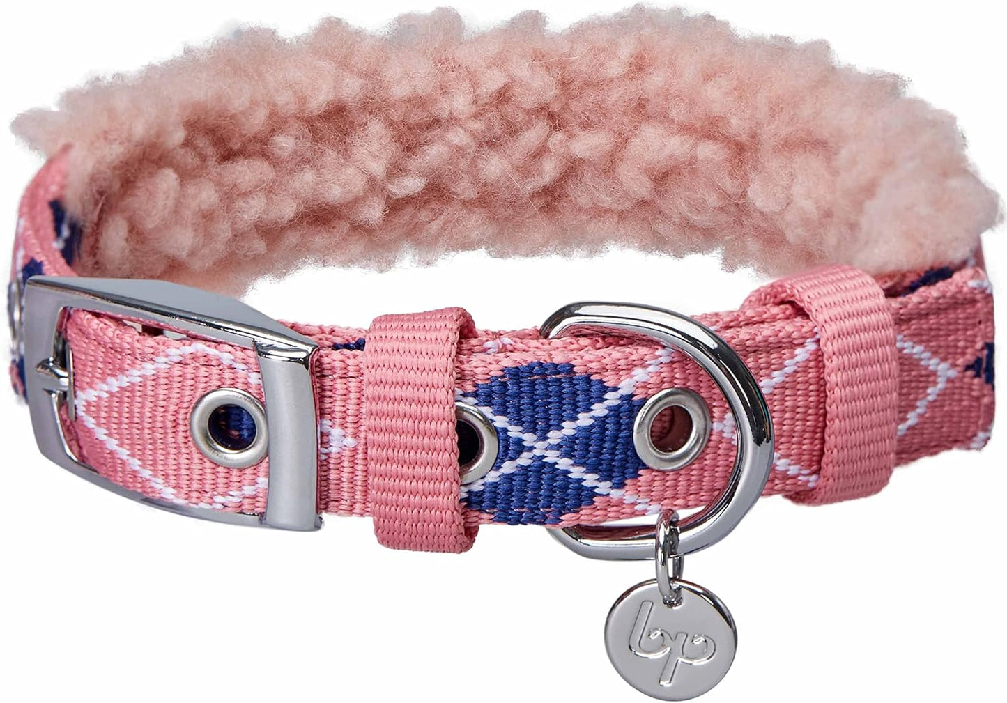 Soft & Comfy Scottish Argyle Padded Dog Collar - Pink, 13-16.5" Neck for Medium Pets, Adjustable Dog Collars for Small Dogs, Puppy Collar, Small Dog Collar, Sherpa Fleece, Metal Buckle