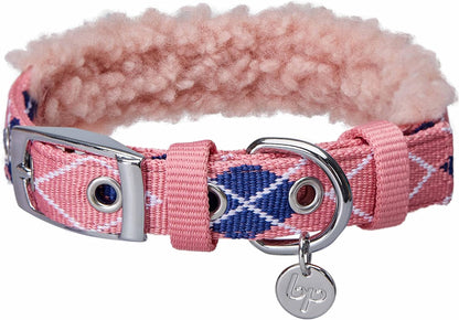 Soft & Comfy Scottish Argyle Padded Dog Collar - Pink, 13-16.5" Neck for Medium Pets, Adjustable Dog Collars for Small Dogs, Puppy Collar, Small Dog Collar, Sherpa Fleece, Metal Buckle