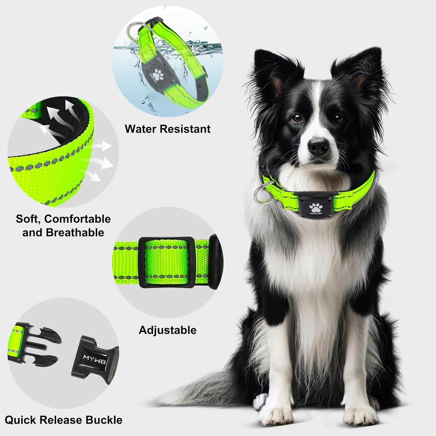 GPS Dog Collar Tracker 2-In-1,Reflective Waterproof Pet Collar,Ios-Only,No Monthly Fees,Unlimited Range,Ideal for Dog Tracking Pet Tracker,For Small Medium Large Dogs(M (15"-20.5"), Green)