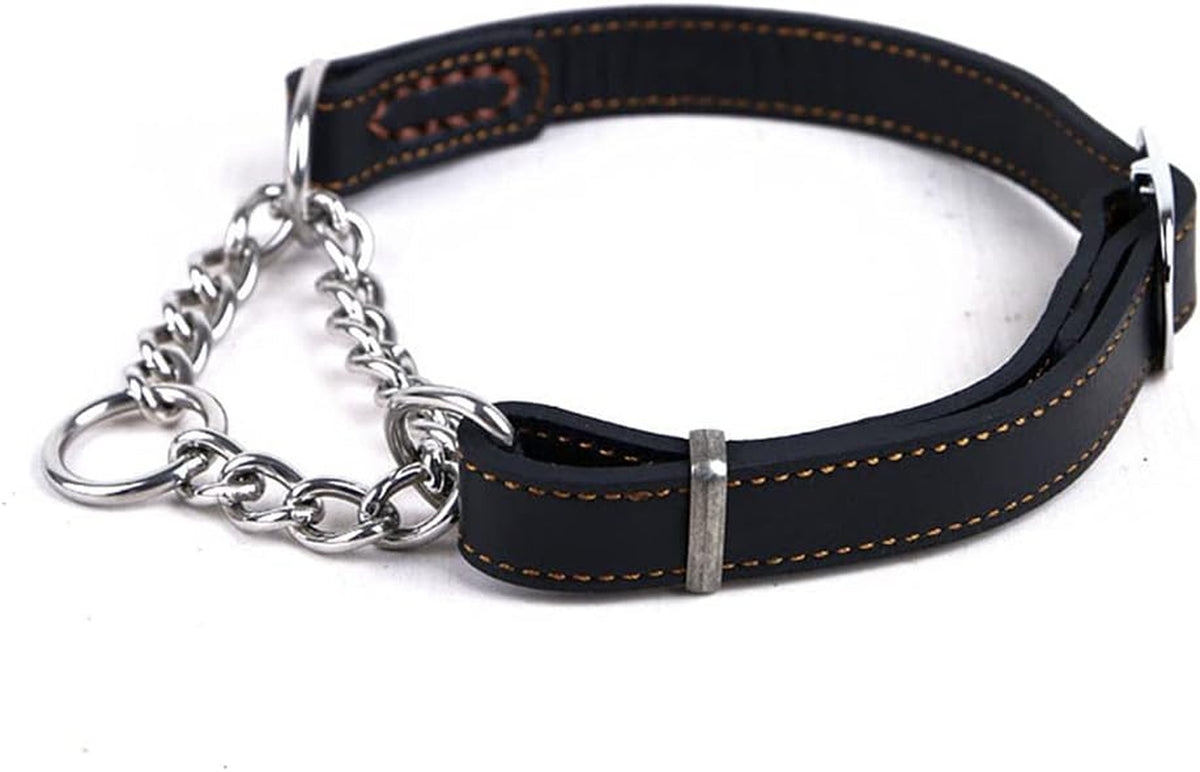 Soft Leather Martingale Dog Collar with Stainless Steel Chain | No-Pull Anti-Slip Design for Medium & Large Dogs