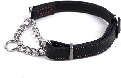 Soft Leather Martingale Dog Collar with Stainless Steel Chain | No-Pull Anti-Slip Design for Medium & Large Dogs