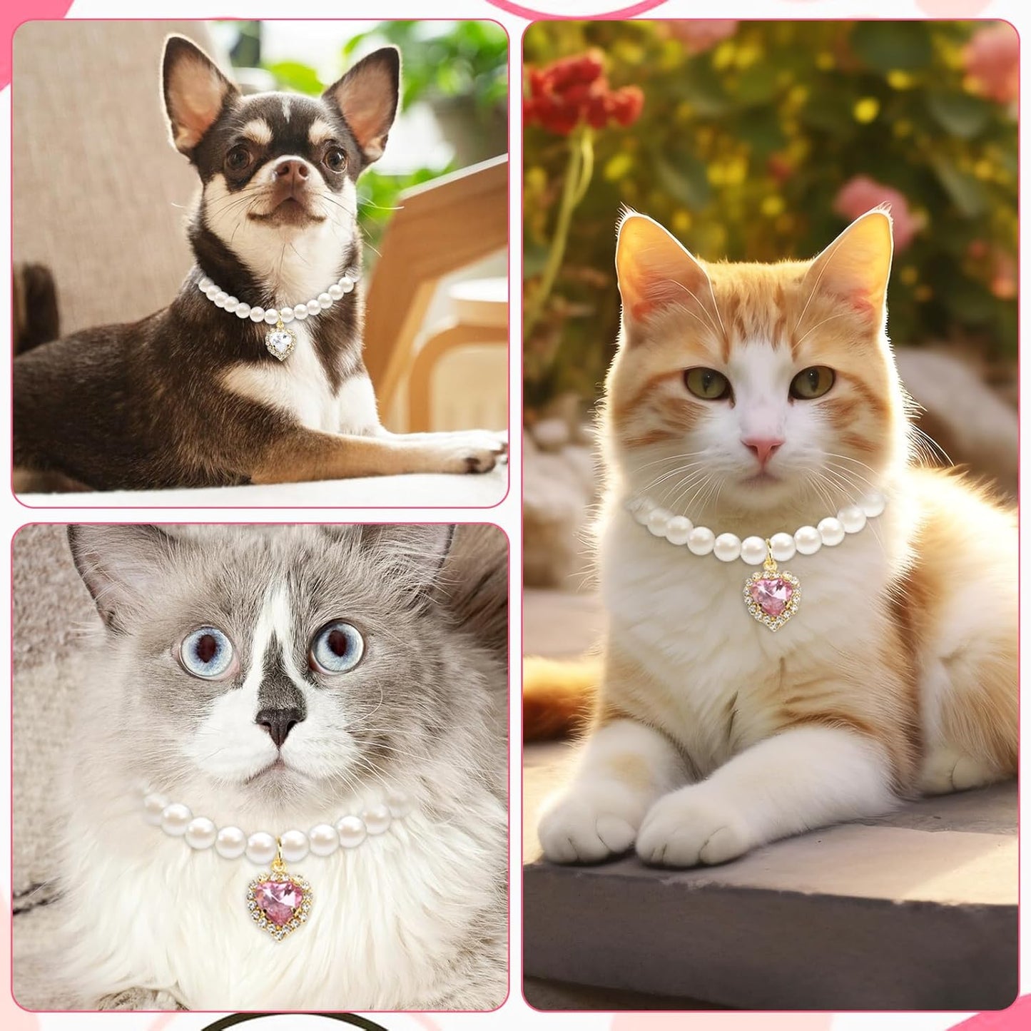 2Pcs Cute Girl Cat Collar, Fancy Dog Pearl Necklace Collars Adjustable Pearl Dog Cats Collars with Small Heart Shape Rhinestone for Small Dogs and Cats, Pink Heart + White Heart