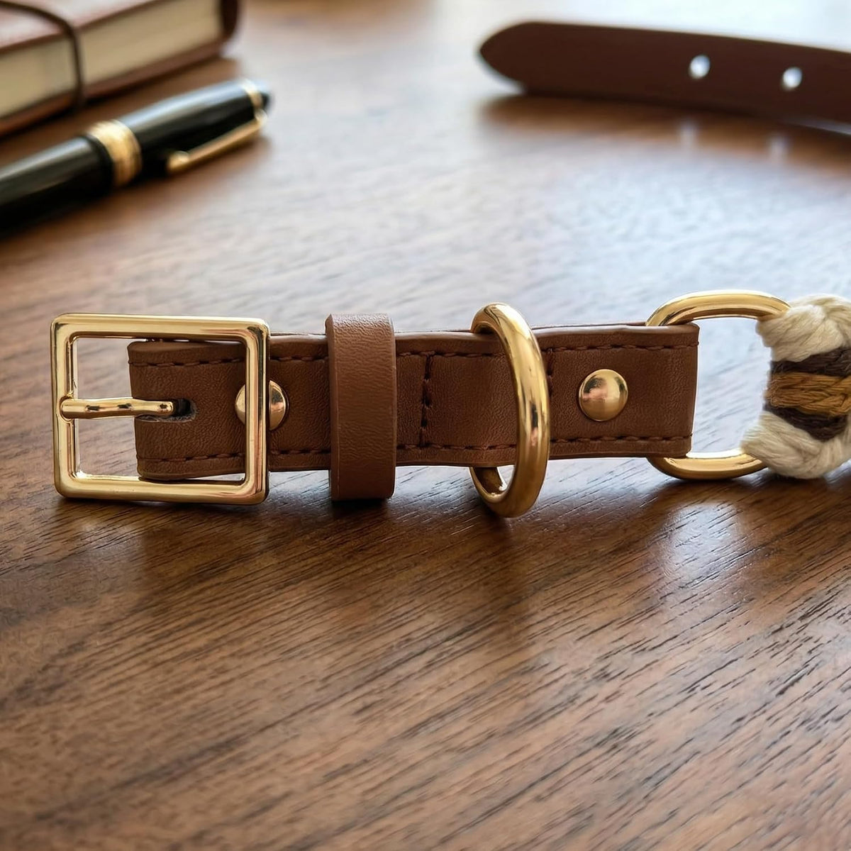 Chic Hand-Knitted Flower Dog Collar - Durable Leather with Adjustable Metal Buckle for All Sizes (Brown, L 15-19In)