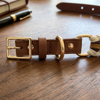 Chic Hand-Knitted Flower Dog Collar - Durable Leather with Adjustable Metal Buckle for All Sizes (Brown, L 15-19In)