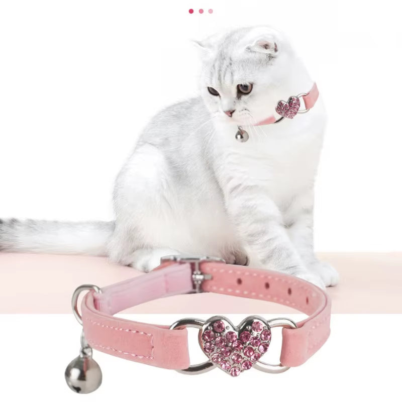 Heart Shaped Cat Collar with Bell Safety Elastic Adjustable Collar Soft Velvet Cat Crystal Collar for Kitten Puppy Pet Supplies