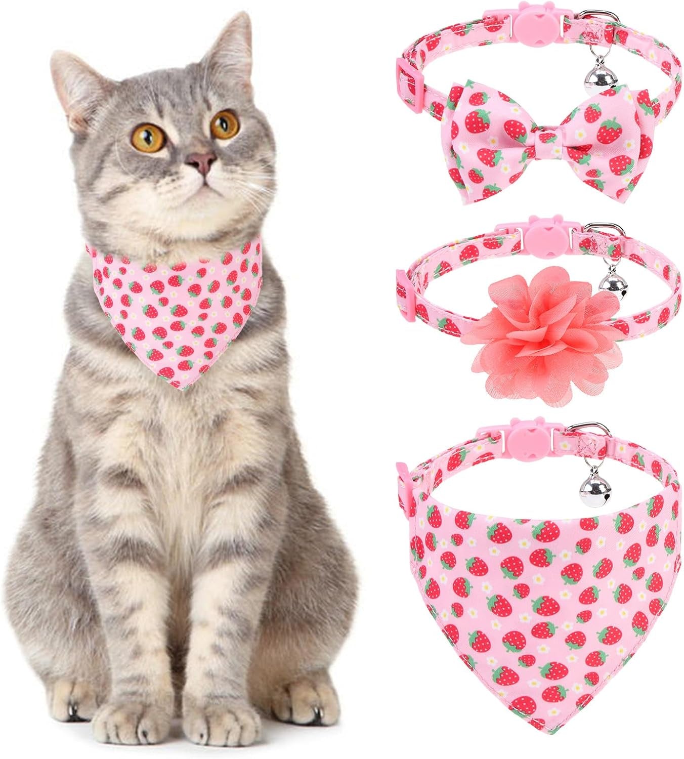 Breakaway Cat Collars with Bell & Cute Pendants, 3 Pack Safety Buckle Kitten Collars, Adjustable Pet Collar Ideal for Girl Boy Cats Puppy (Fruit Pattern)