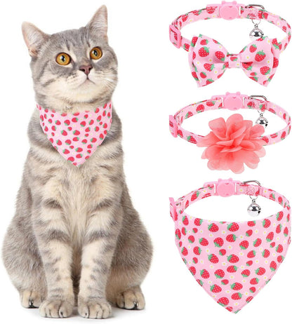 Breakaway Cat Collars with Bell & Cute Pendants, 3 Pack Safety Buckle Kitten Collars, Adjustable Pet Collar Ideal for Girl Boy Cats Puppy (Fruit Pattern)