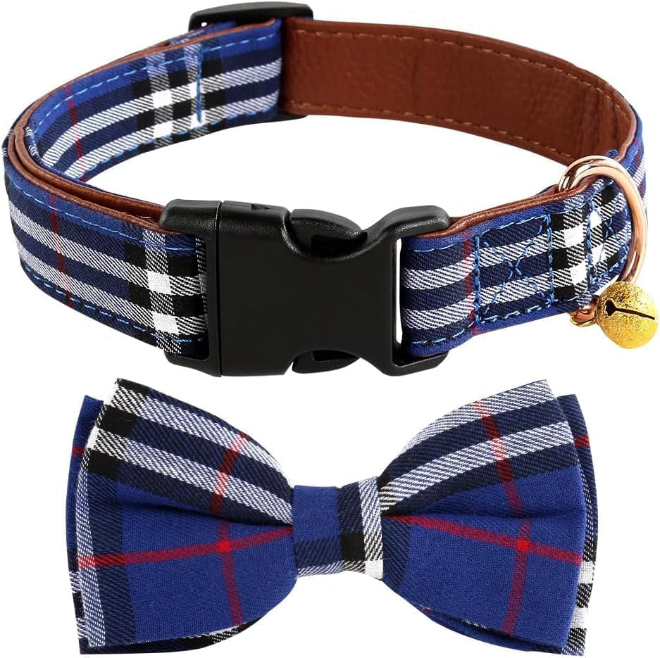 Dog Collar and Leash Set-Plaid Puppy Collar with Bow Tie - Adjustable Pet Collar for Dogs with Bell, Stylish Pattern for Small Medium or Large Boy and Girl Dog
