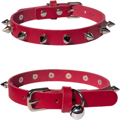 Genuine Leather Spiked Collar for Small Dogs with Bell, Studded Alloy Rivets Punk Style Protective Puppy Collar for Girl Boy Cat Doggies, 5 Holes Adjustable for Tiny Little Pups, Black XS 8"-11"