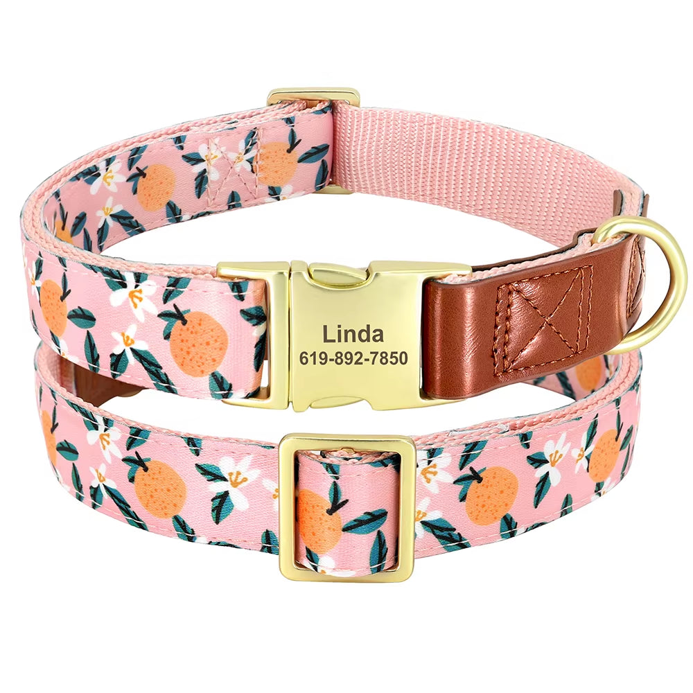 Custom Engraved Dog Collar Adjustable Pet Buckle Collars Anti-Lost Flower Printed for Small Medium Large Dogs French Bulldog