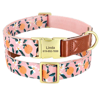 Custom Engraved Dog Collar Adjustable Pet Buckle Collars Anti-Lost Flower Printed for Small Medium Large Dogs French Bulldog