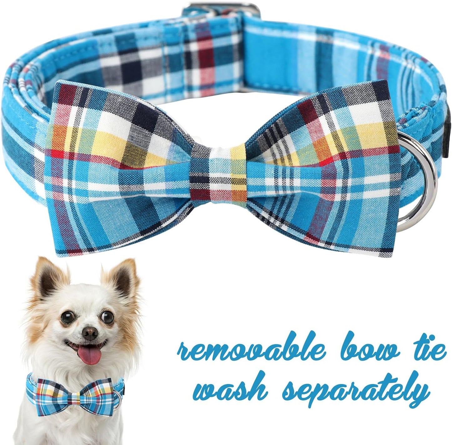 Plaid Dog Collar with Bow Pet Gift Adjustable Soft and Comfy Bowtie Collars for Small Medium Large Dogs
