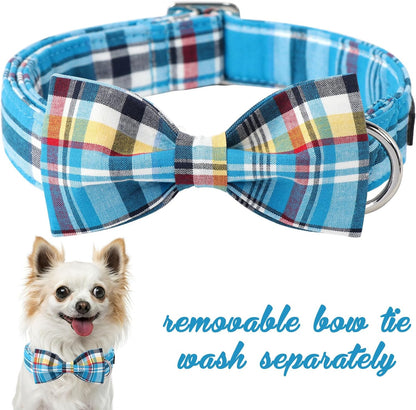 Plaid Dog Collar with Bow Pet Gift Adjustable Soft and Comfy Bowtie Collars for Small Medium Large Dogs