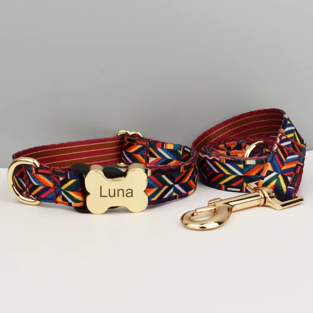 Custom Engraved Ethnic Style Dog Collar with Nameplate for Small Medium Large Dogs Pet Supplies with Matching Leash