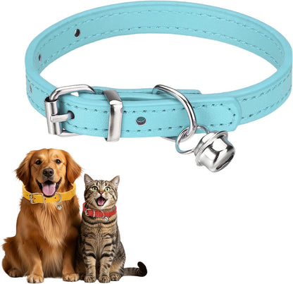 Dog Collar with Bell, Pu Leather Cat Collars Pet Basic Soft Padded Adjustable Buckle, 14.5" (Blue, 1 Pcs), Intended for Teacup/Little Dog/Kitten Cats/Small Animals
