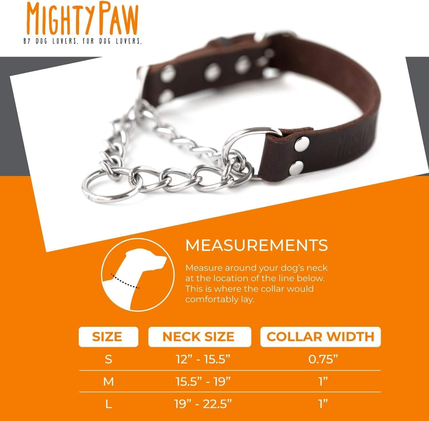 Martingale Dog Collar - No Pull Design - Stainless Steel Chain - Limited Chain Cinch Training - Brown Leather Martingale Training Collar - Small Size