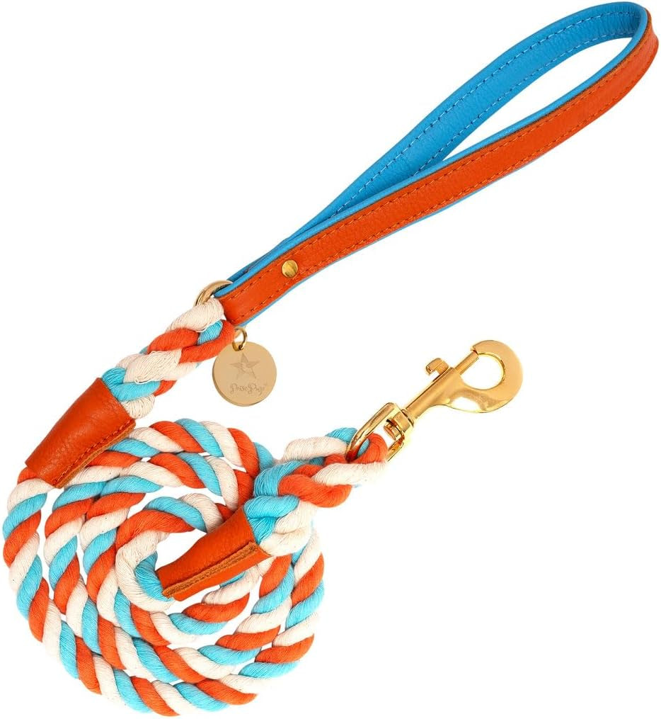 5Ft Braided Cotton Rope Leash with Soft Padded Genuine Leather Handle for Dogs - Handmade Comfort & Cute - Orange | Blue