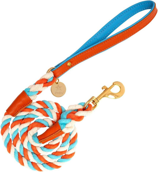 5Ft Braided Cotton Rope Leash with Soft Padded Genuine Leather Handle for Dogs - Handmade Comfort & Cute - Orange | Blue