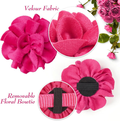 2 Pack Cat Collar Floral with Bell and Removable Flower Bowtie Breakaway Adjustable Velvet Fabric Cat Collar for Pets and Daily Decoration，Hot Pink & Purple