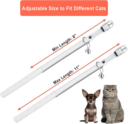 Rolled Leather Cat Collar with Bell, Reflective Kitten Collars with Buckle Include Safety Elastic Strap - Adjustable Small Pet Collars for Boy Girl Cats (White)
