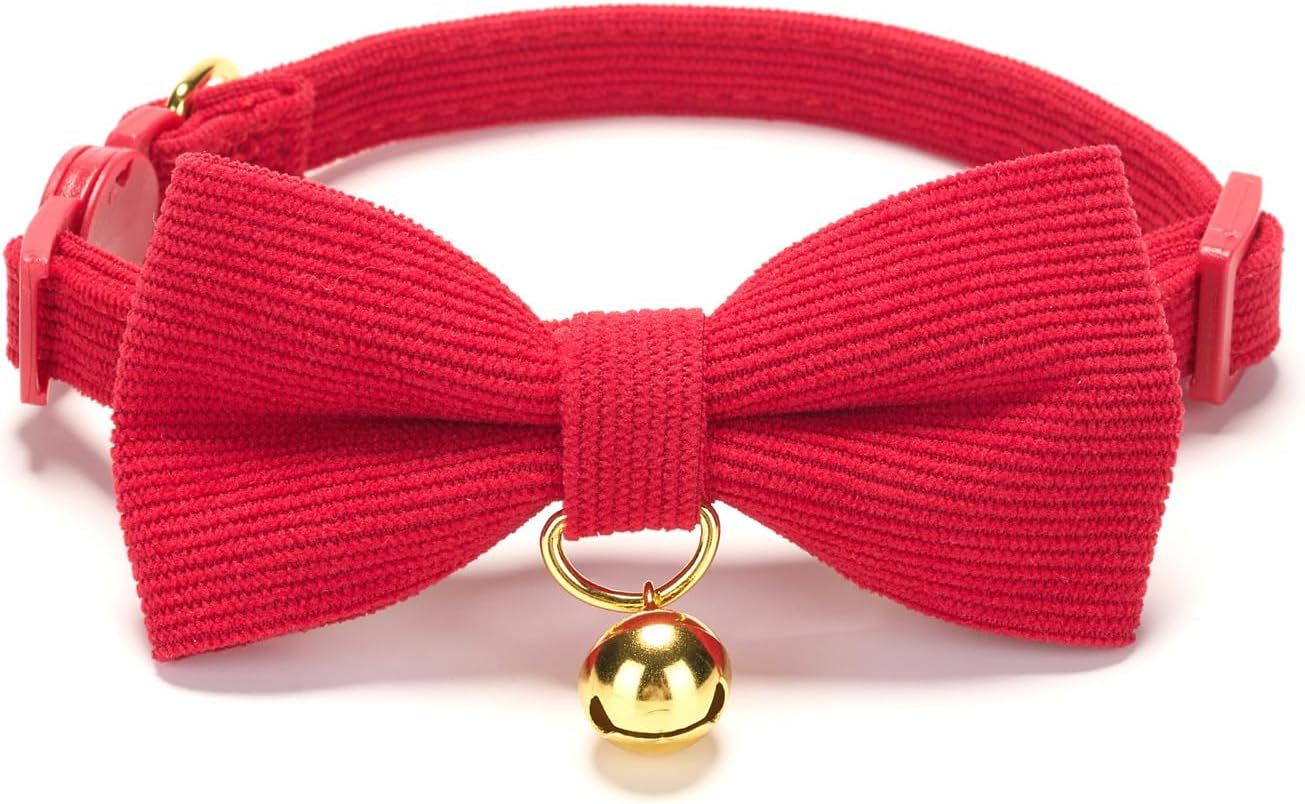 Cotton Breakaway Cat Collar with Bow Tie and Bell, Adjustable Cute Soft Corduroy Kitten Collars for Girl Cats