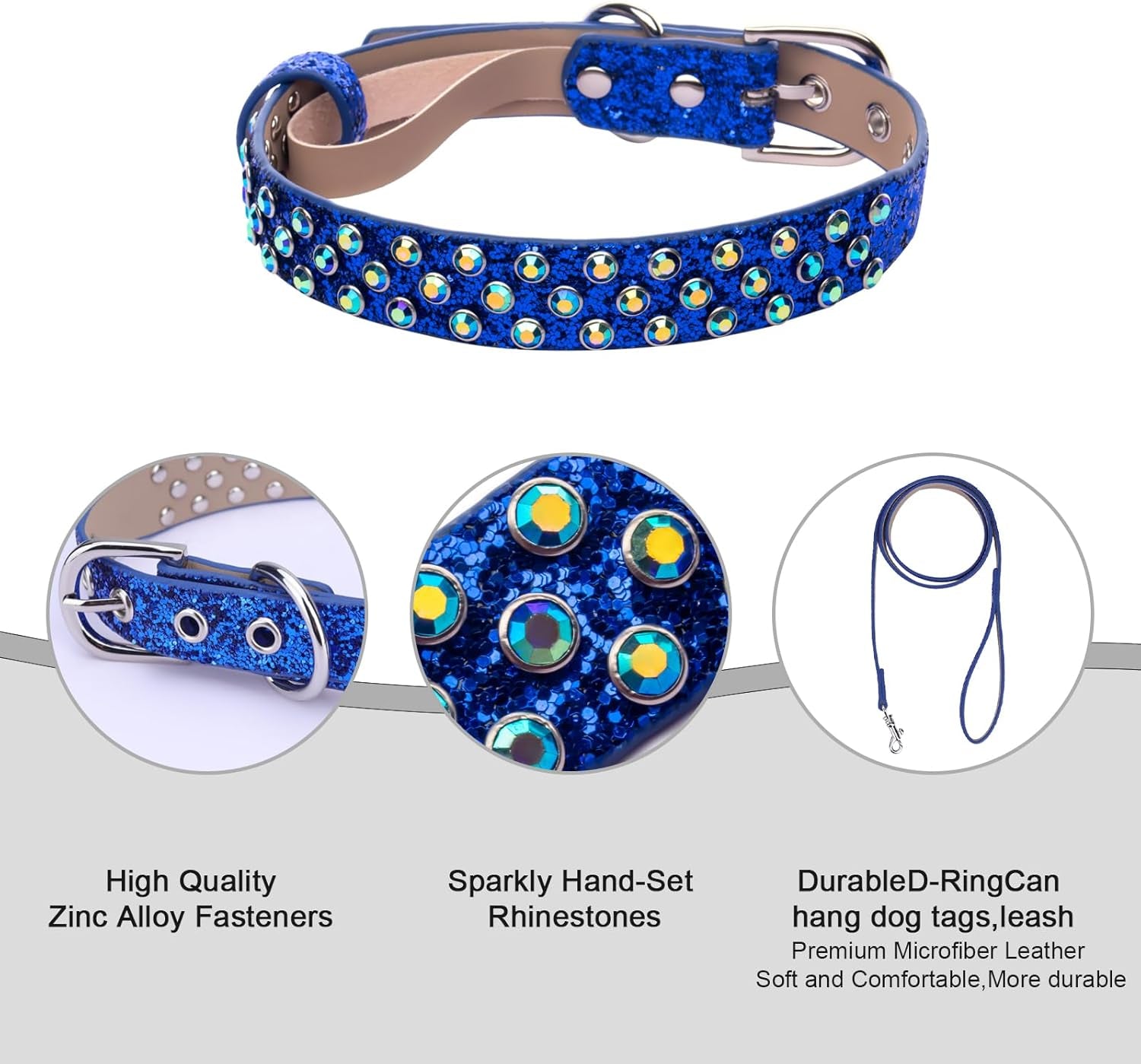 Rhinestone Dog Collar, Bling Diamond Pet Collars with Leash Adjustable, Dazzling Sparkly Crystal Studded Microfiber Leather Spiked Puppy Collar Cute for Small and Medium Large Girl Dogs Cats