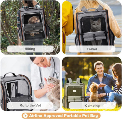 Cat Carrier Backpack, Expandable Pet Carrier with Sun Shade & Full Front Opening, Breathable Mesh Backpack for Small Dogs & Medium Cats up to 18 Lbs, Foldable for Hiking, Camping (Grey)
