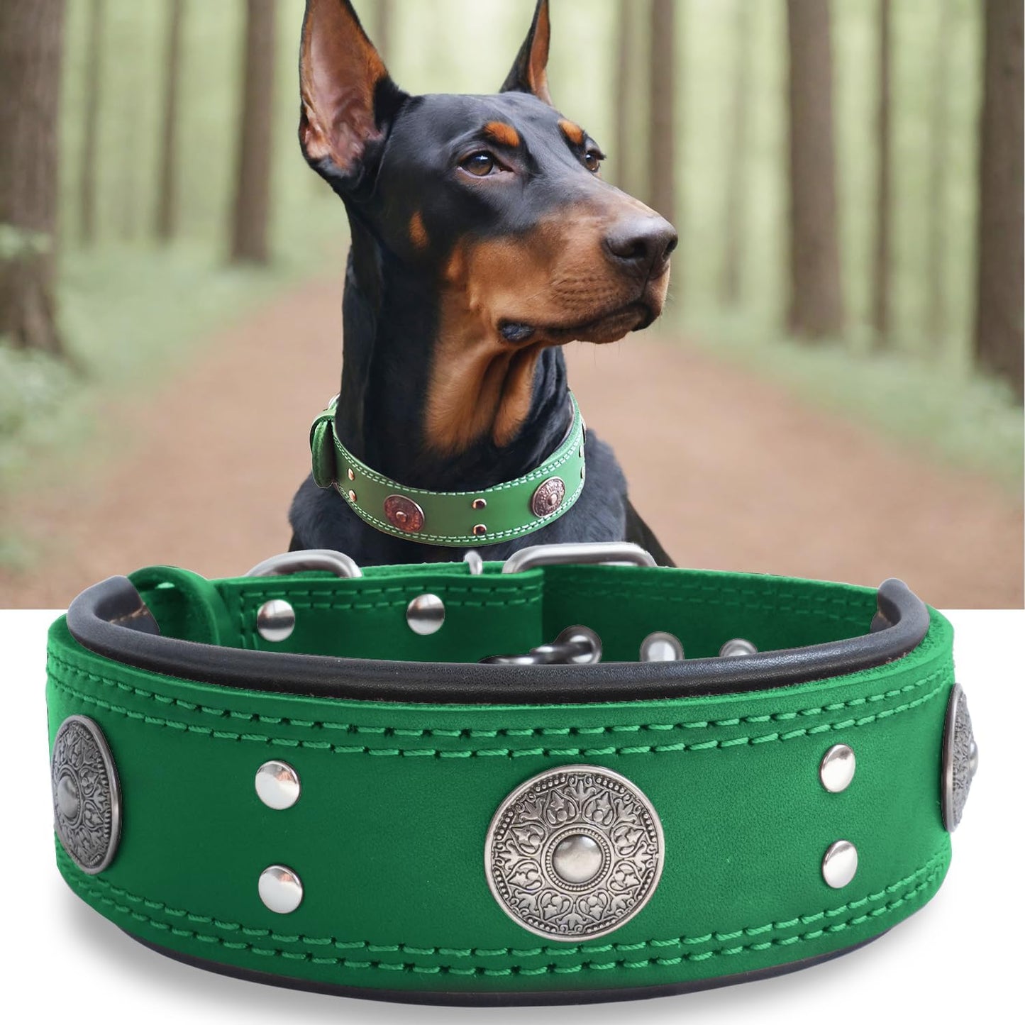 Leather Dog Collar, 2 Inches Wide Heavy Duty Genuine Leather Collars, Handmade, Soft, and Luxury, Eye-Catching Best Choice for Large and Medium Breed Dogs, Orange 18.5-22.5 In