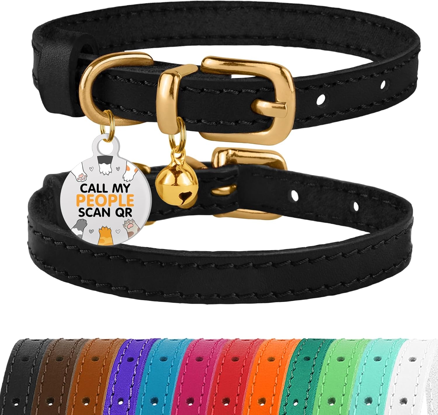 Leather Cat Collar with Removable Bells Non Breakaway Kitten QR Tag for Girl Boy (7" - 9" for Cats, Purple & Gold)