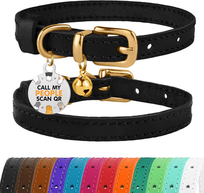 Leather Cat Collar with Removable Bells Non Breakaway Kitten QR Tag for Girl Boy (7" - 9" for Cats, Purple & Gold)
