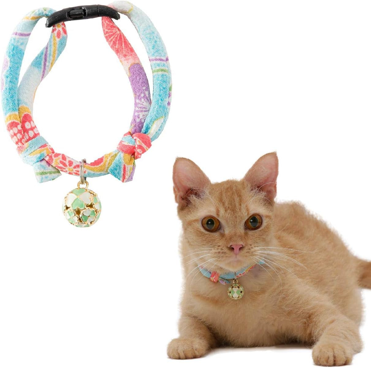 Chirimen Cat Collar with Clover Bell (Navy) with Bell Safety Breakaway Soft Lightweight for Cats Kitty Kitten Japanese Stylish Pattern, No.1 Seller in Japan